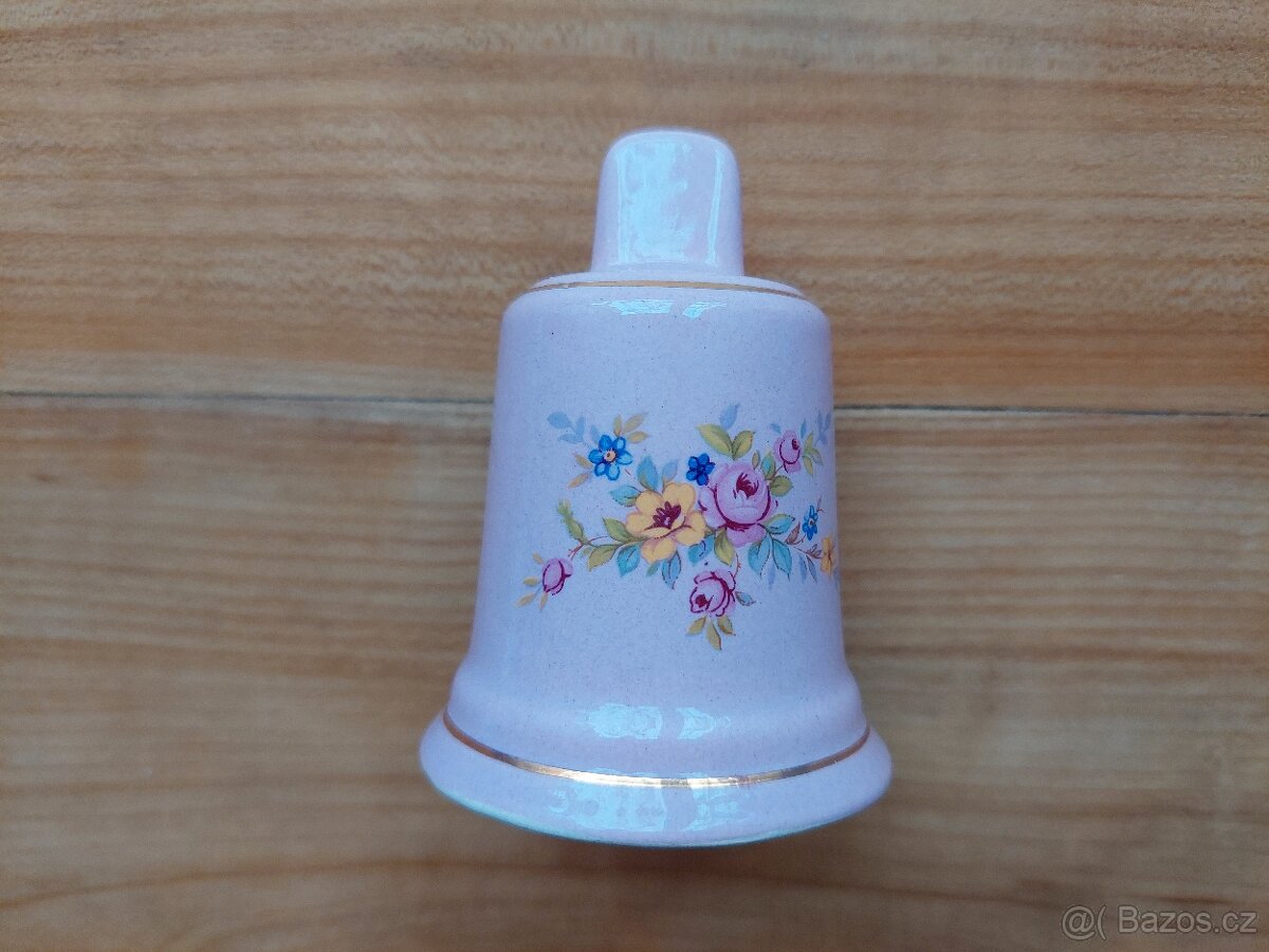 Retro starý zvonek zvoneček růžový s květinami, antik- SLEVA