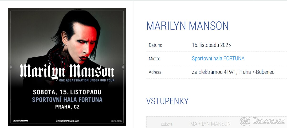 2x Vstupenka -- Místa u sebe -- Marilyn Manson -- Praha