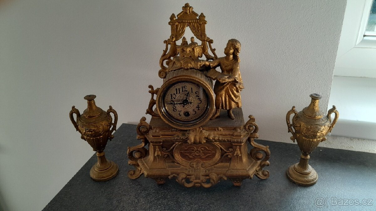 Starožitné krbove hodiny Brunfaut ,,komplet 3ks souprava