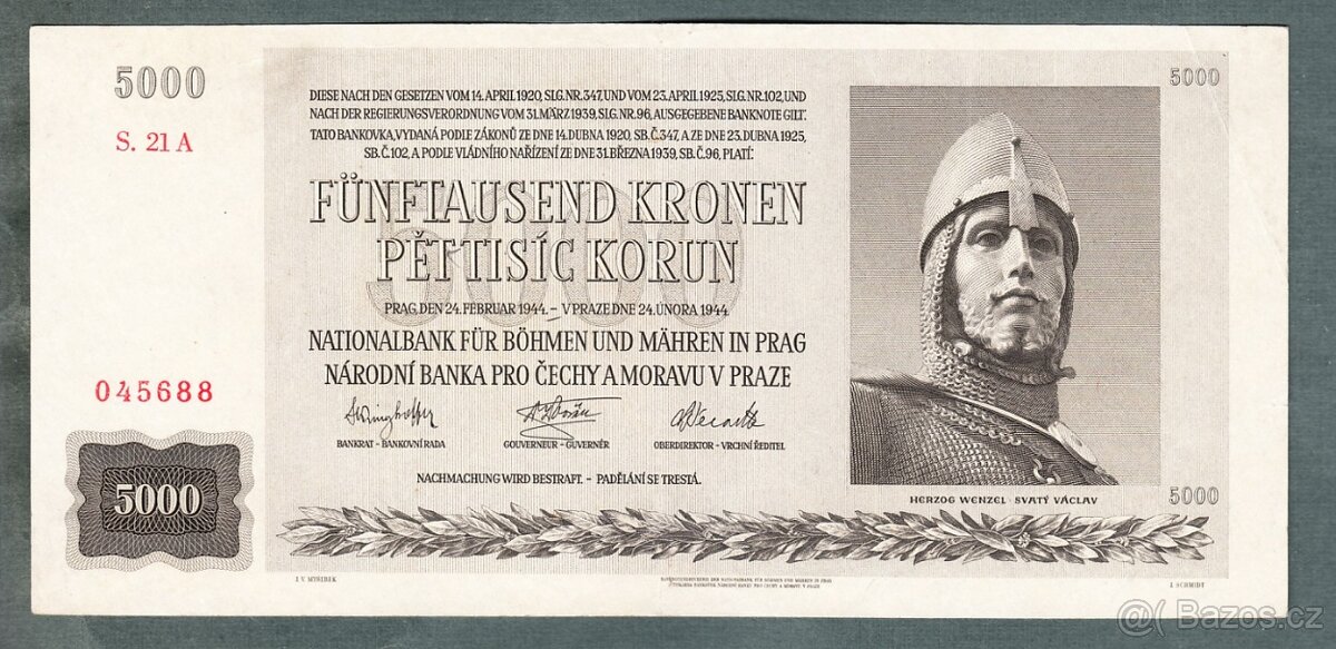Staré bankovky 5000 korun 1944 NEPERFOROVANA, VZÁCNÁ