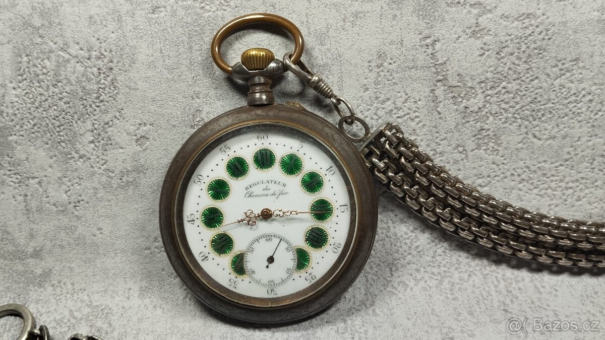Velké dvouplášťové kapesní hodinky Régulatéur + ŘETĚZ