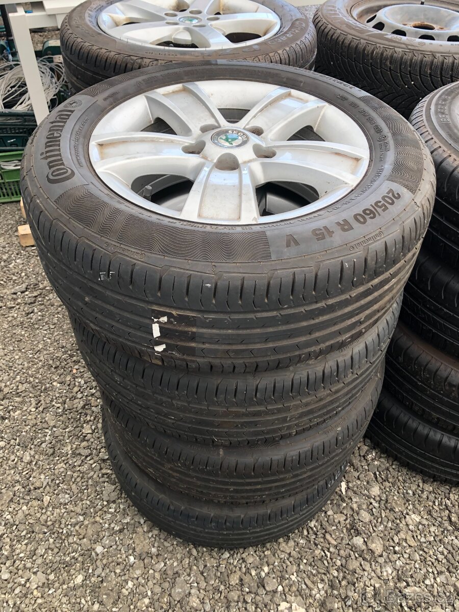 PRODÁM 4 KUSY ALU ŠKODA 15 PALCŮ + PNEU CONTINENTAL CONTACT