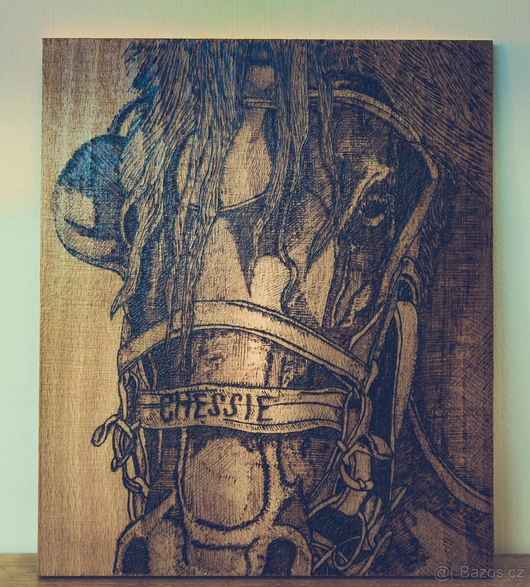 Mula v postroji - pyrografie