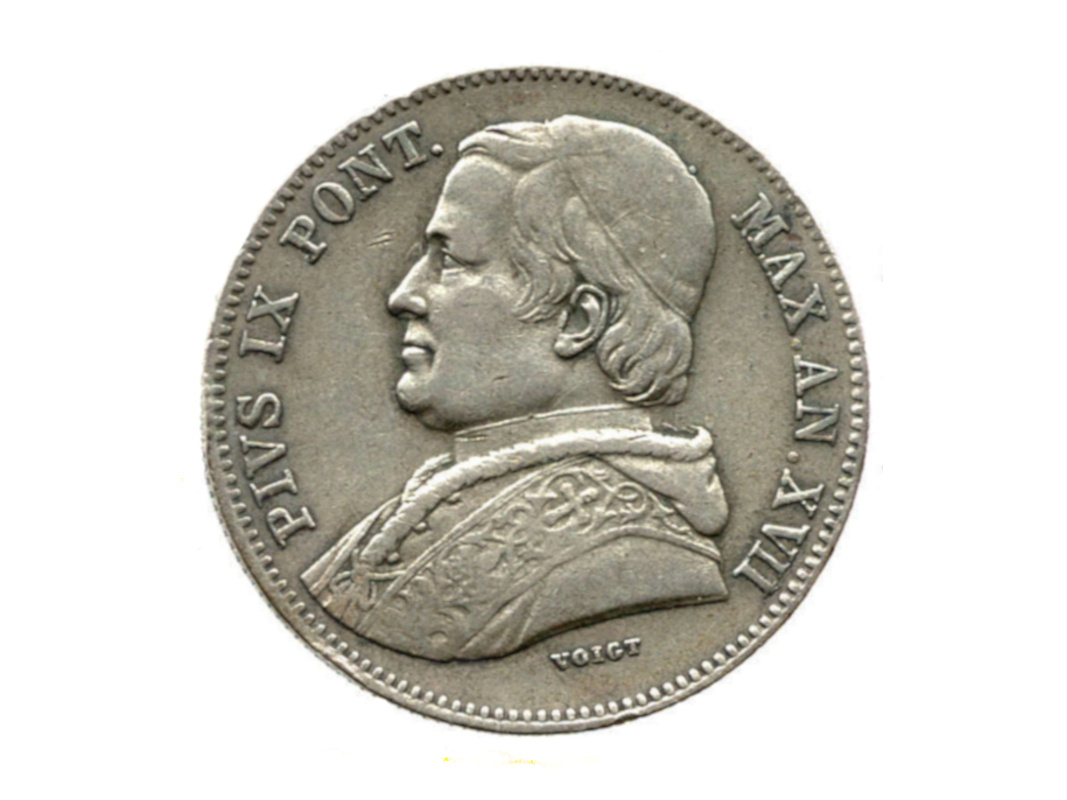 Stříbro Vatikán 20 Baiocchi 1862 papež Pius stříbrná mince