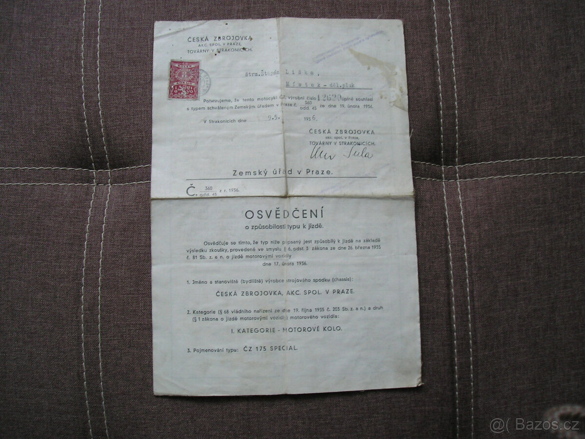 motocykl ČZ 175 ccm starý techničák rok 1936 ČZ Strakonice