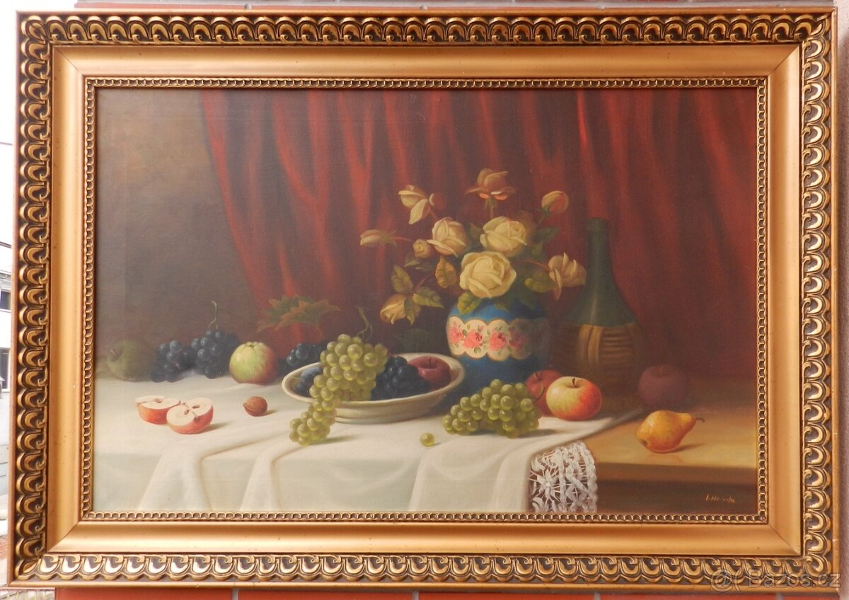 Herda L-Zátiší s ovocem vázou a lahví