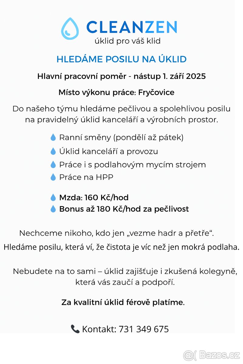 HLEDÁME POSILU NA PRAVIDELNÝ ÚKLID NA HPP.