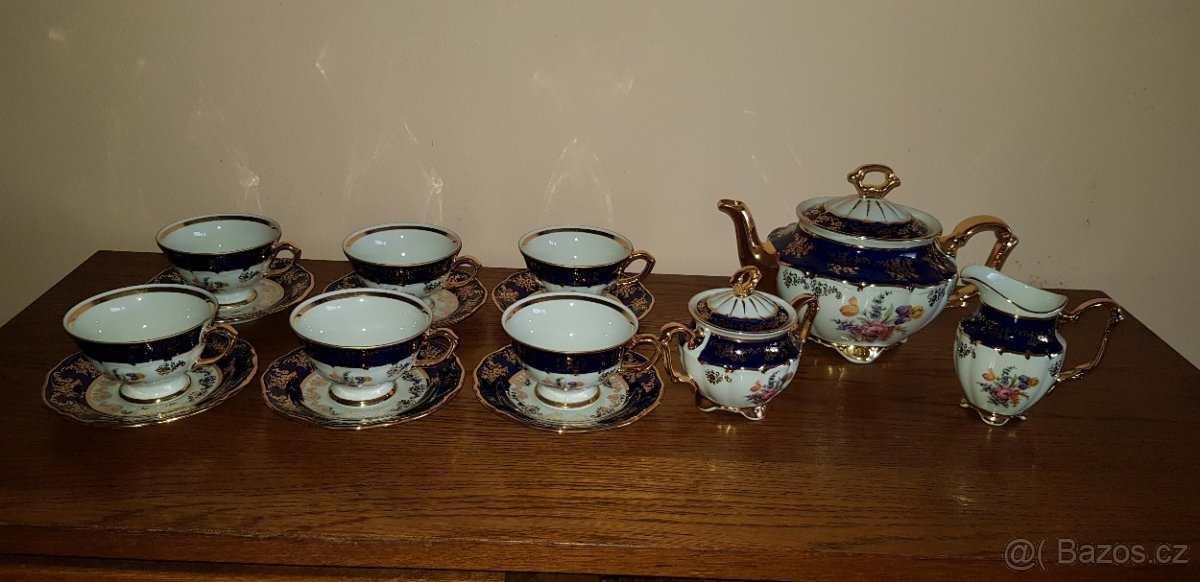 Čajová souprava kobalt zlatá růže a kosatec