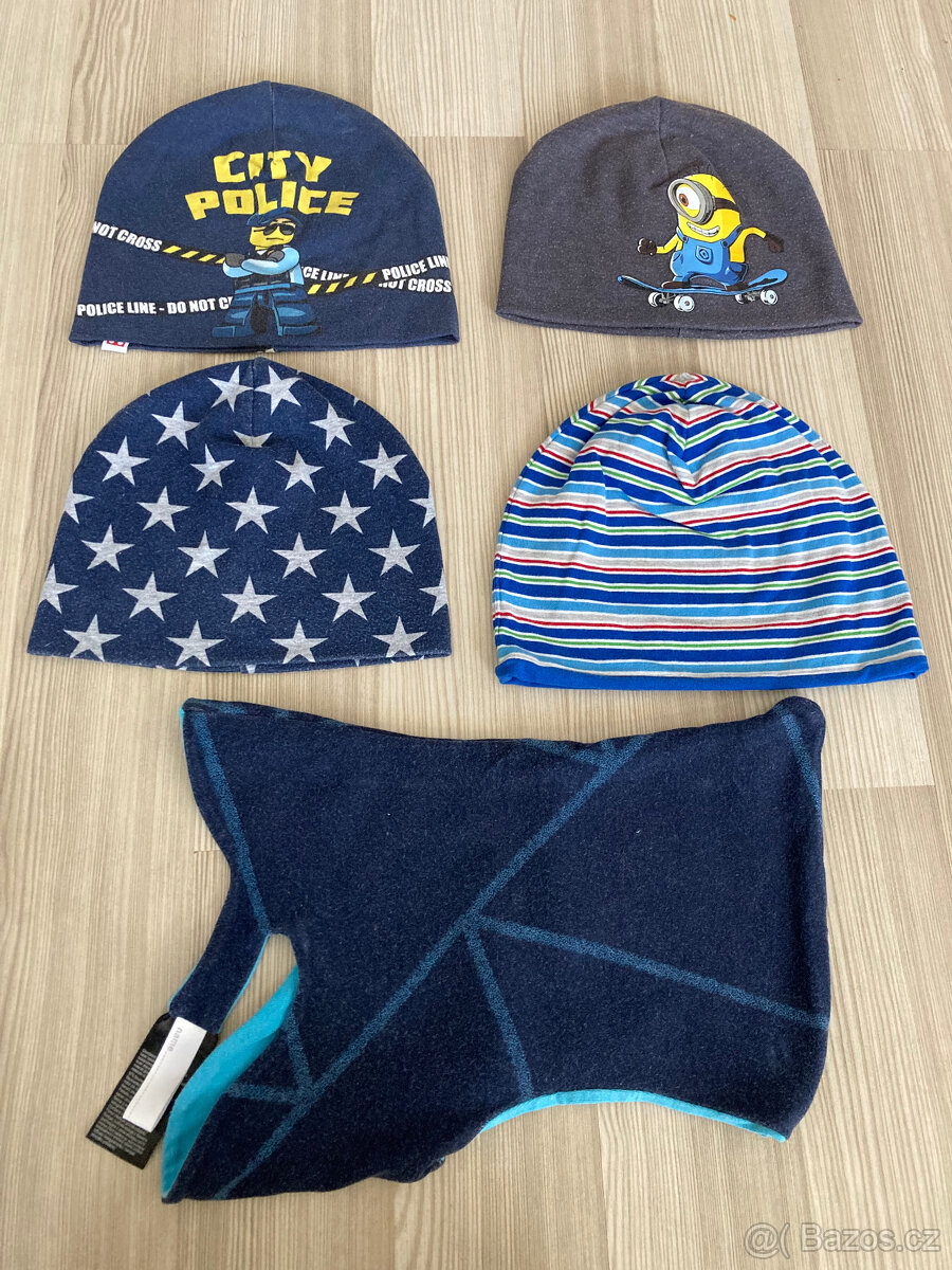 4x bavlněná čepice 1x kukla (H&M, Tchibo), v. 110/128