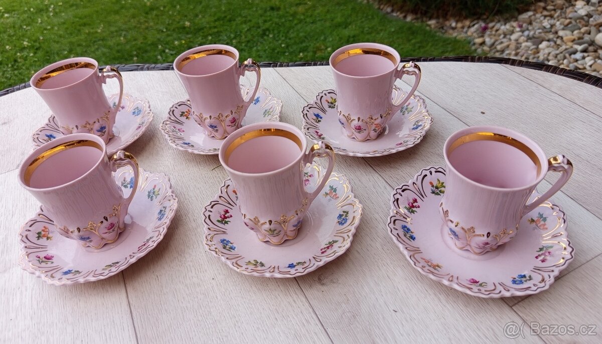 Krásná kávová sada růžový porcelán H&C Czechoslovakia