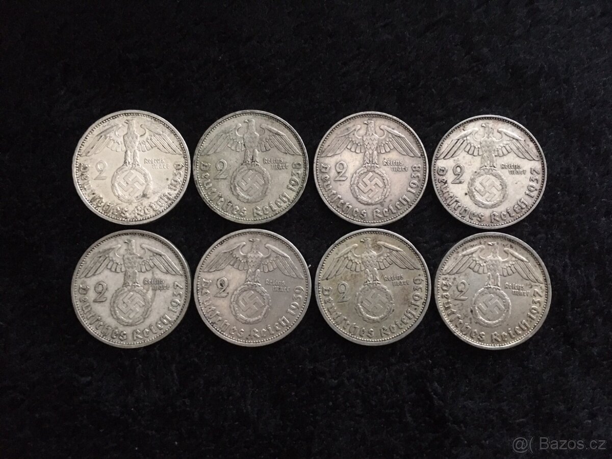 8 kusů stříbrných 2 RM, mince Třetí Říše Německo