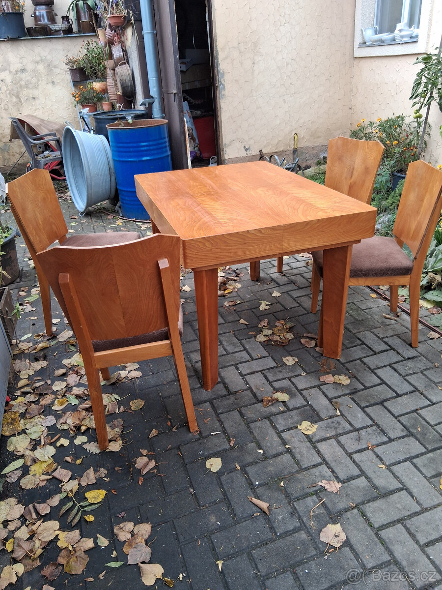 Starožitný rozkládací jídelní stůl+4ks židle Art Deco