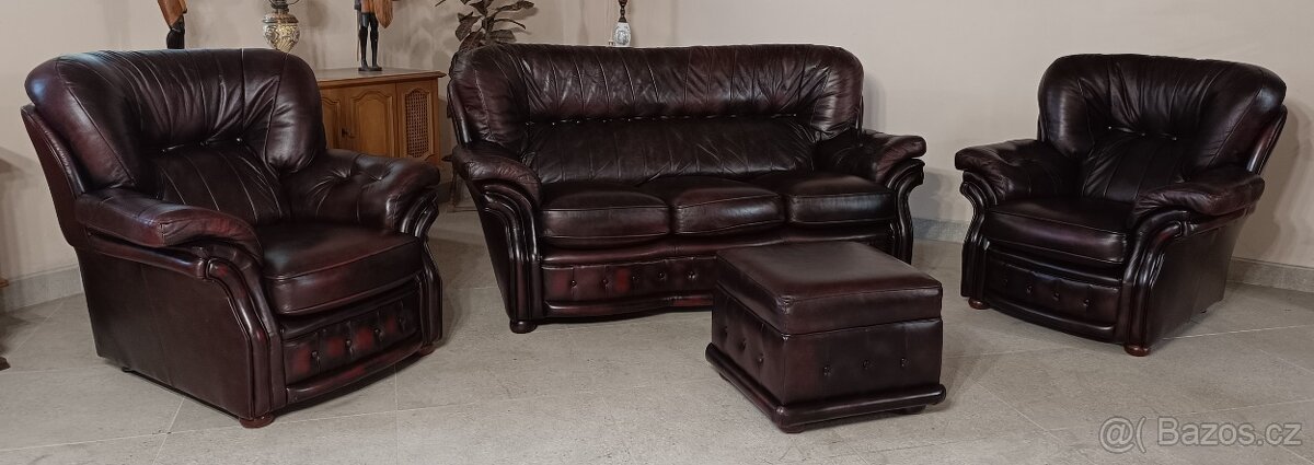 Kožená, Chesterfield sedací souprava 3+1+1+taburet.