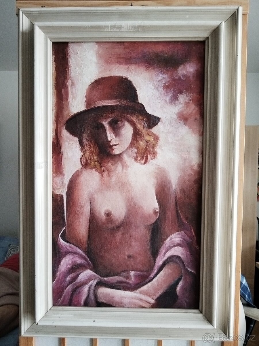 obraz DÍVKA V KLOBOUKU, akt, olej, nesignováno