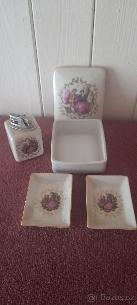 LUXUSNÍ VINTAGE PORCELÁNOVÝ SET ZAPALOVAČ KRABIČKA A 2 POPEL