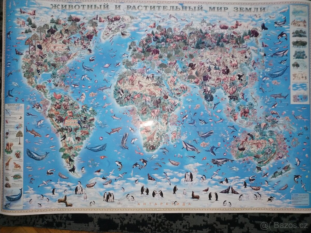 Mapa světa se zvířaty a rostlinami v RJ 107x157 cm.