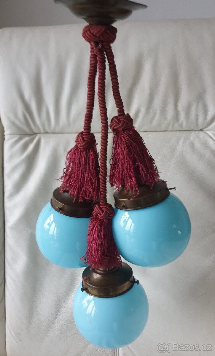 Starožitný lustr art deco na provazu modré koule