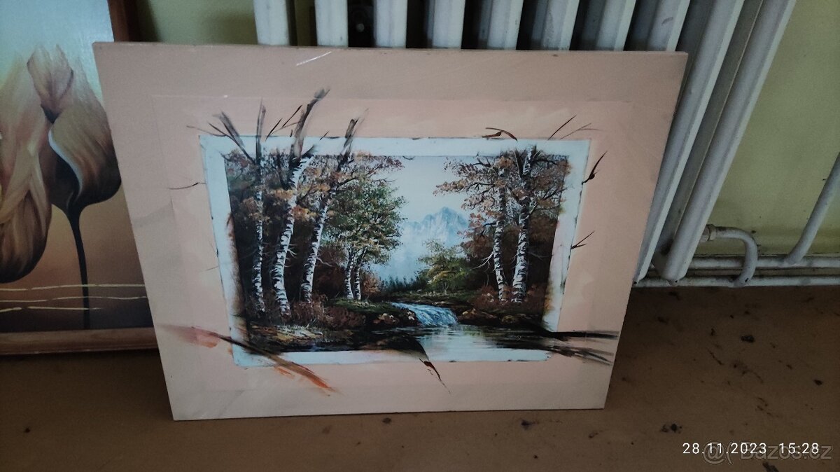 Dřevěný obraz - lesní břízy s potokem