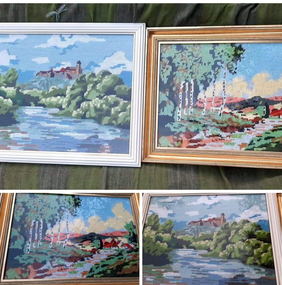 Staré, ručně vyšívané , gobelínové obrazy v rámu