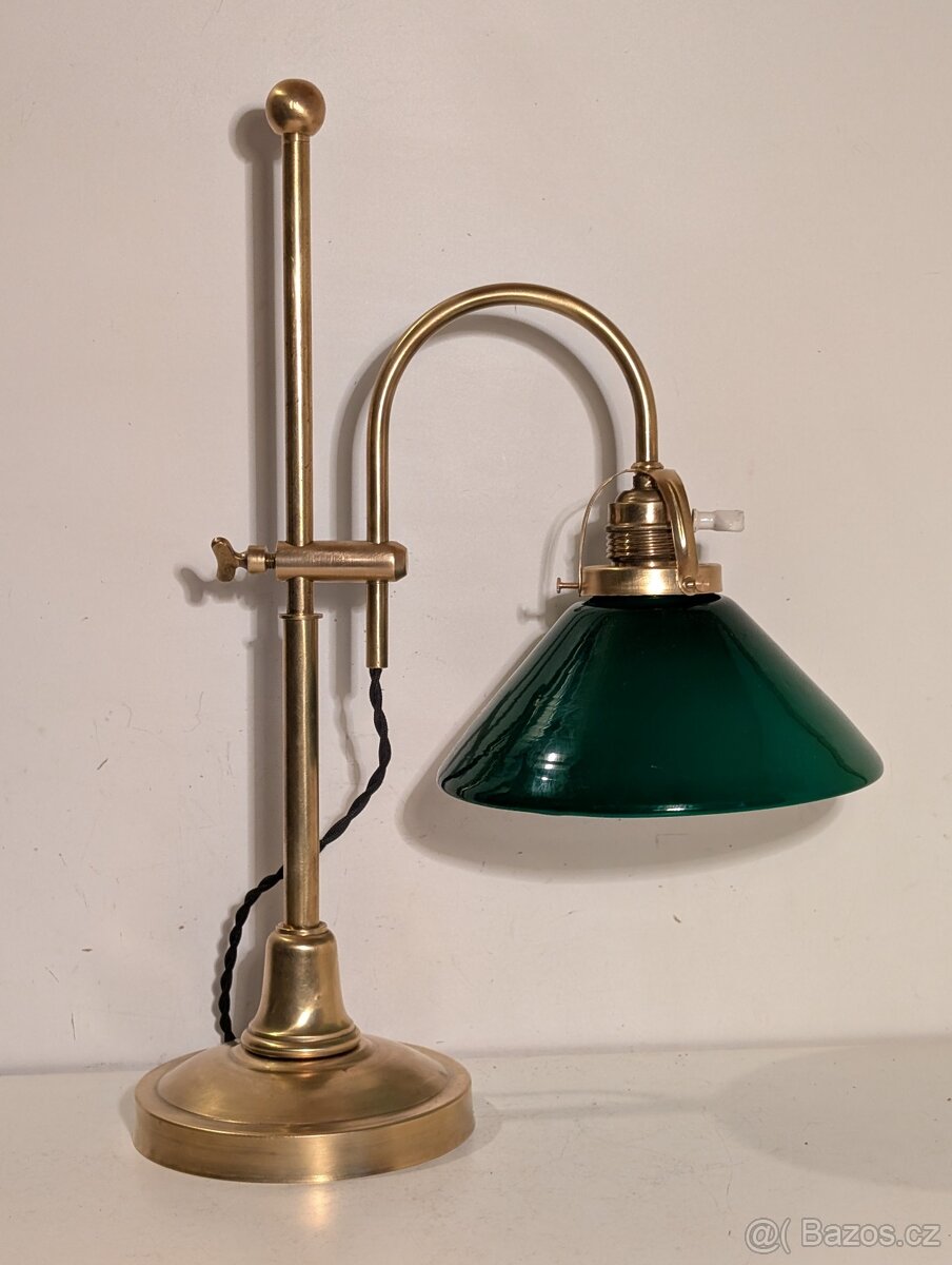 mosazná posuvná lampa, lampička, bankéřka, zelené stínidlo
