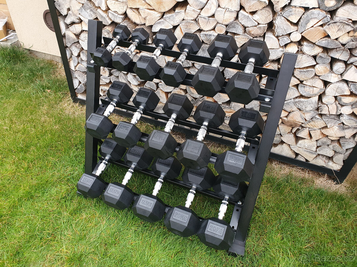 jednoruční činky sada 180kg HEXA (2,5-20kg) + STOJAN