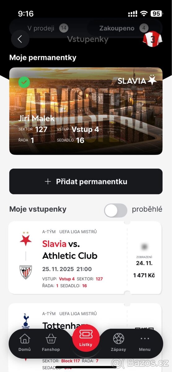 Prodám 2 vstupenky – Slavia vs. Athletic Club (Liga mistrů)