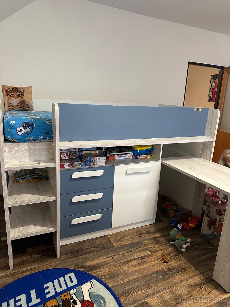 Dětská patrová postel - psací stůl , úložný prostor Sconto