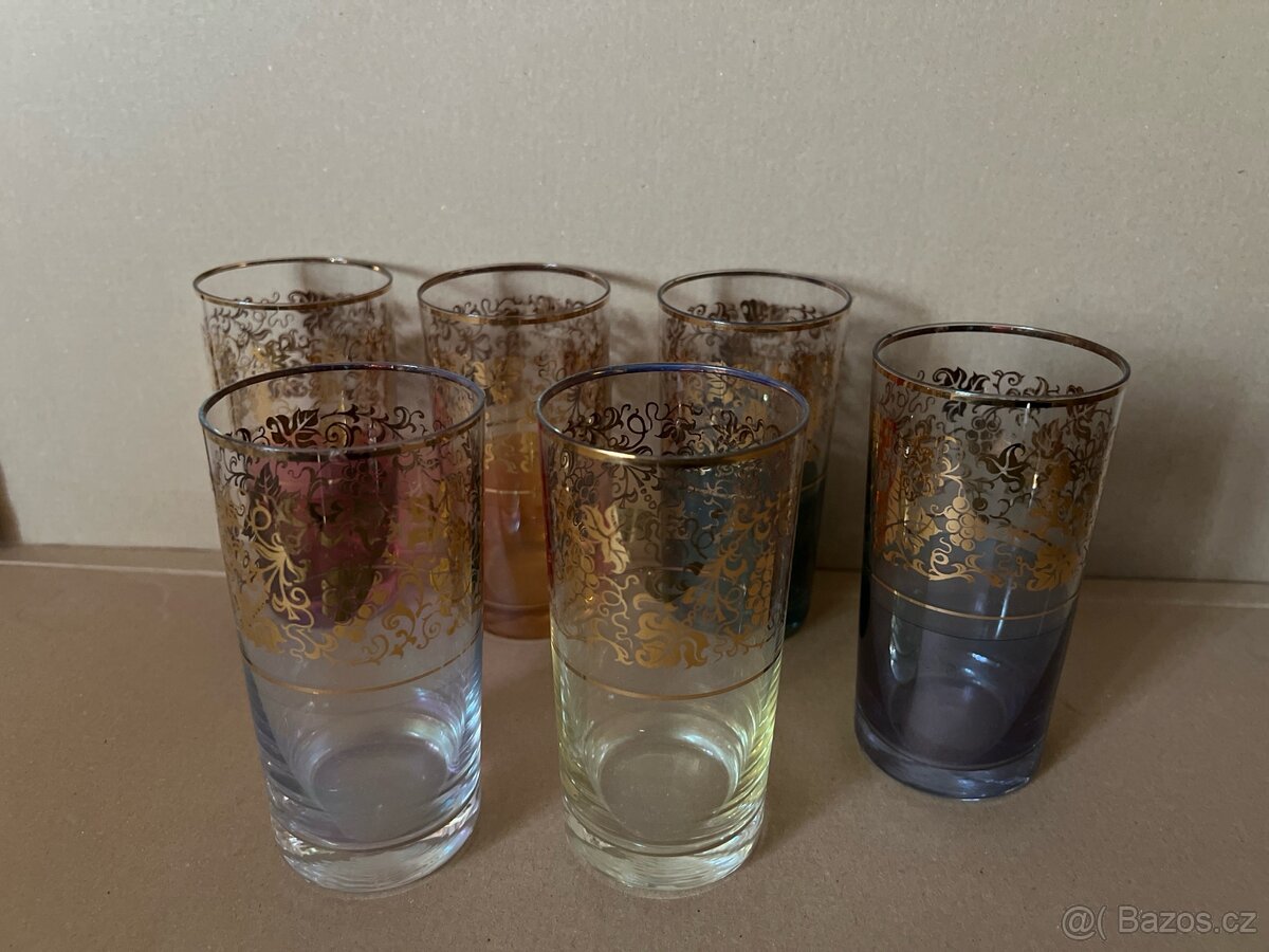 6x retro barevné zlacené skleničky