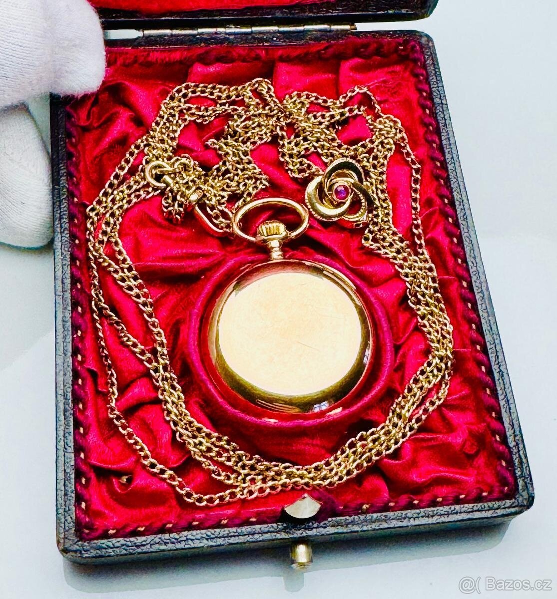 14K ZLATÉ KAPESNÍ HODINKY - JEPTIŠKY S ŘETÍZKEM A ETUI