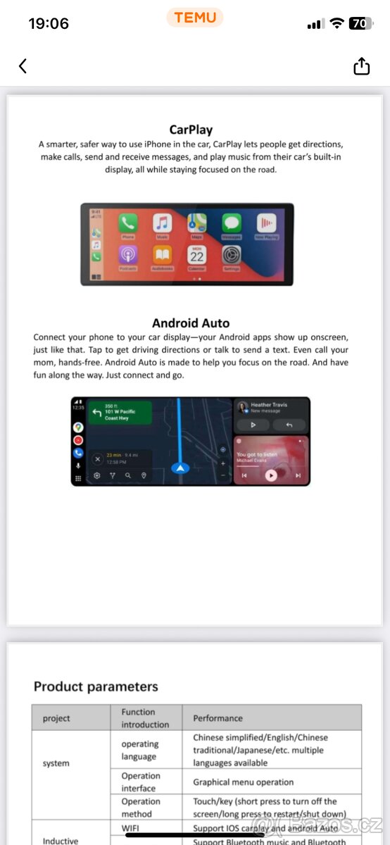 Autorádio bezdrátový CarPlay