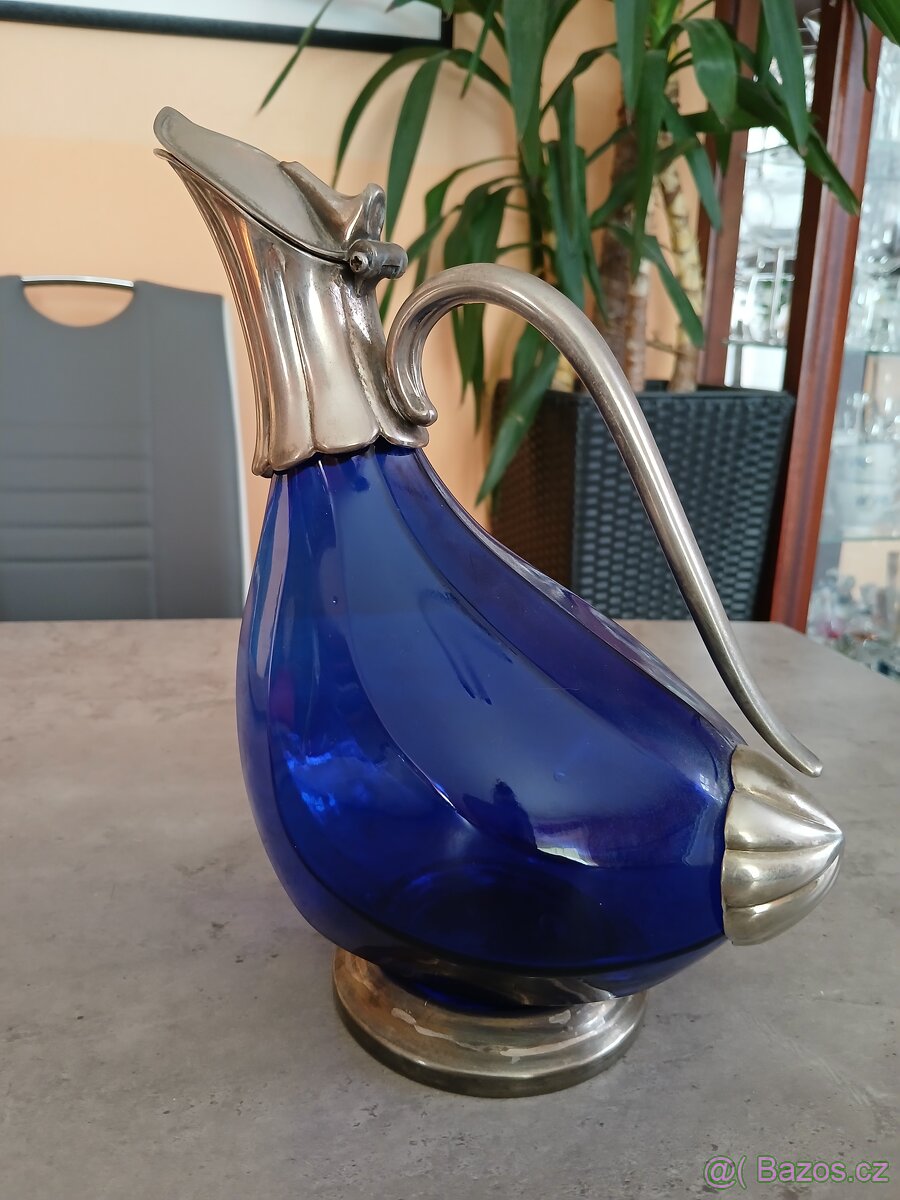 Retro karafa na víno s cínovým dekorem-kačenka