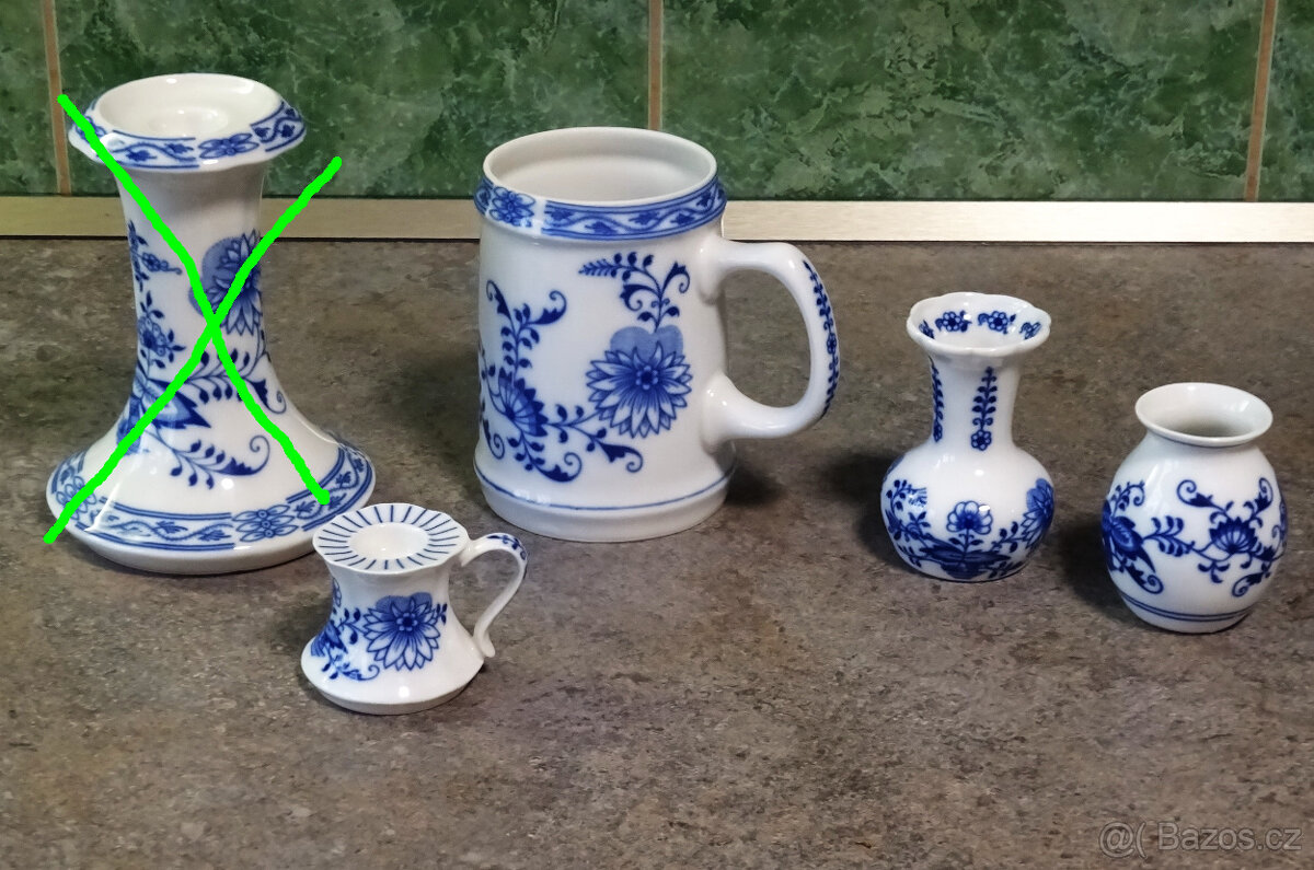 Cibulák porcelán svícen, korbel, vázičky