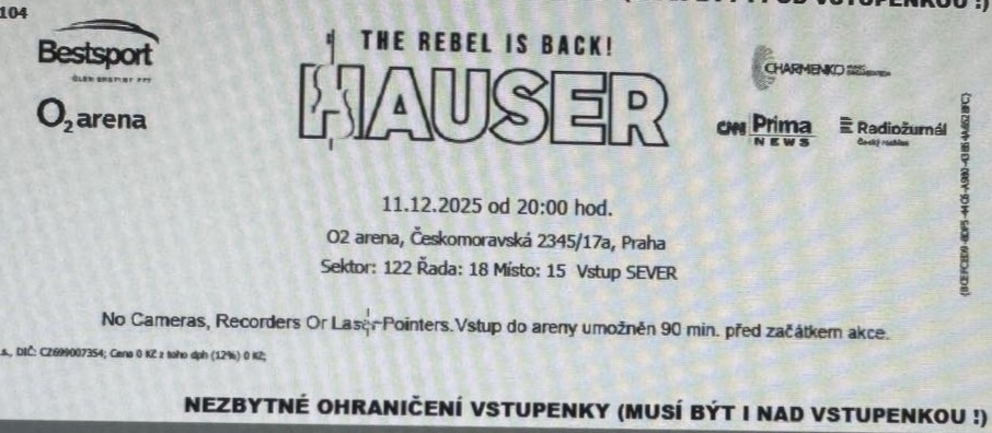 HAUSER v O2 Aréně, 2 lístky