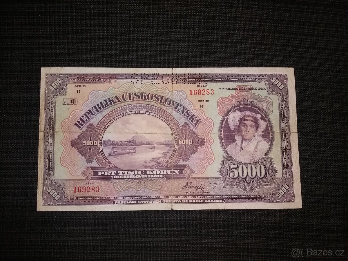 5.000 korun 1920 pěkný stav, vyhledávaná a žádaná, špatně se