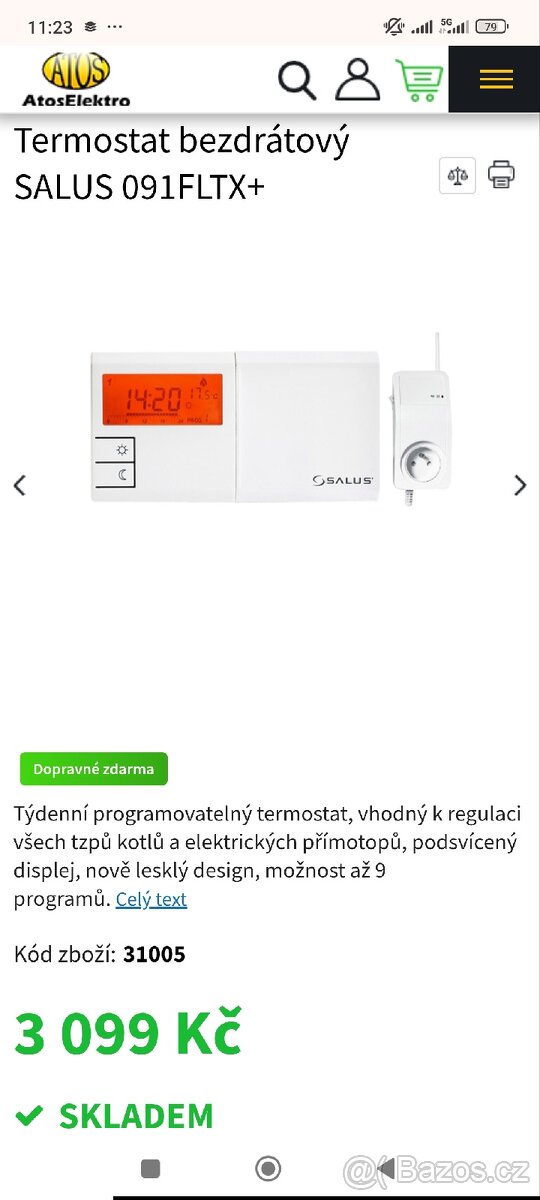 Bezdrátový týdenní termostat Salus 091FLTX+