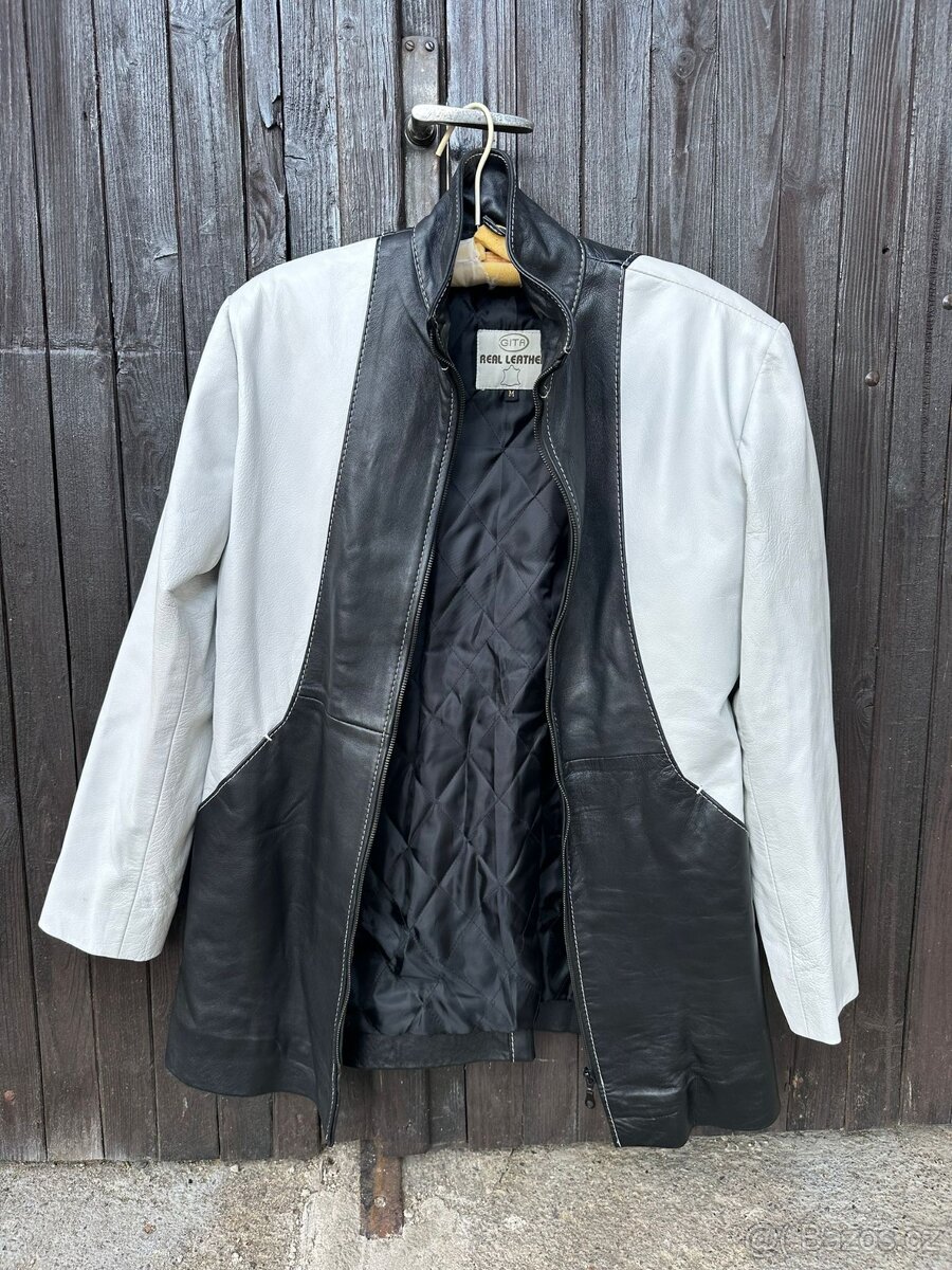 kožený kratší kabátek černobílá jemná kůže