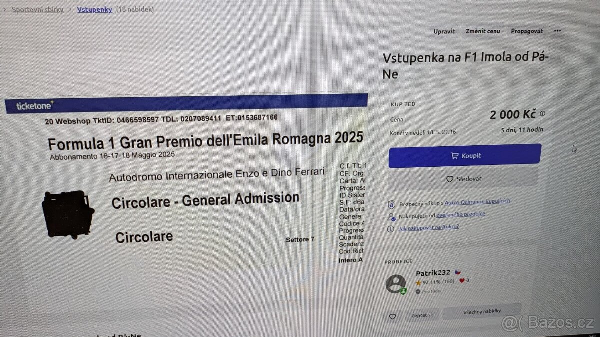 Vstupenka na F1 Imola od Pá-Ne