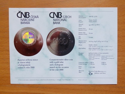 Certifikát k bimetalové minci rok 2000