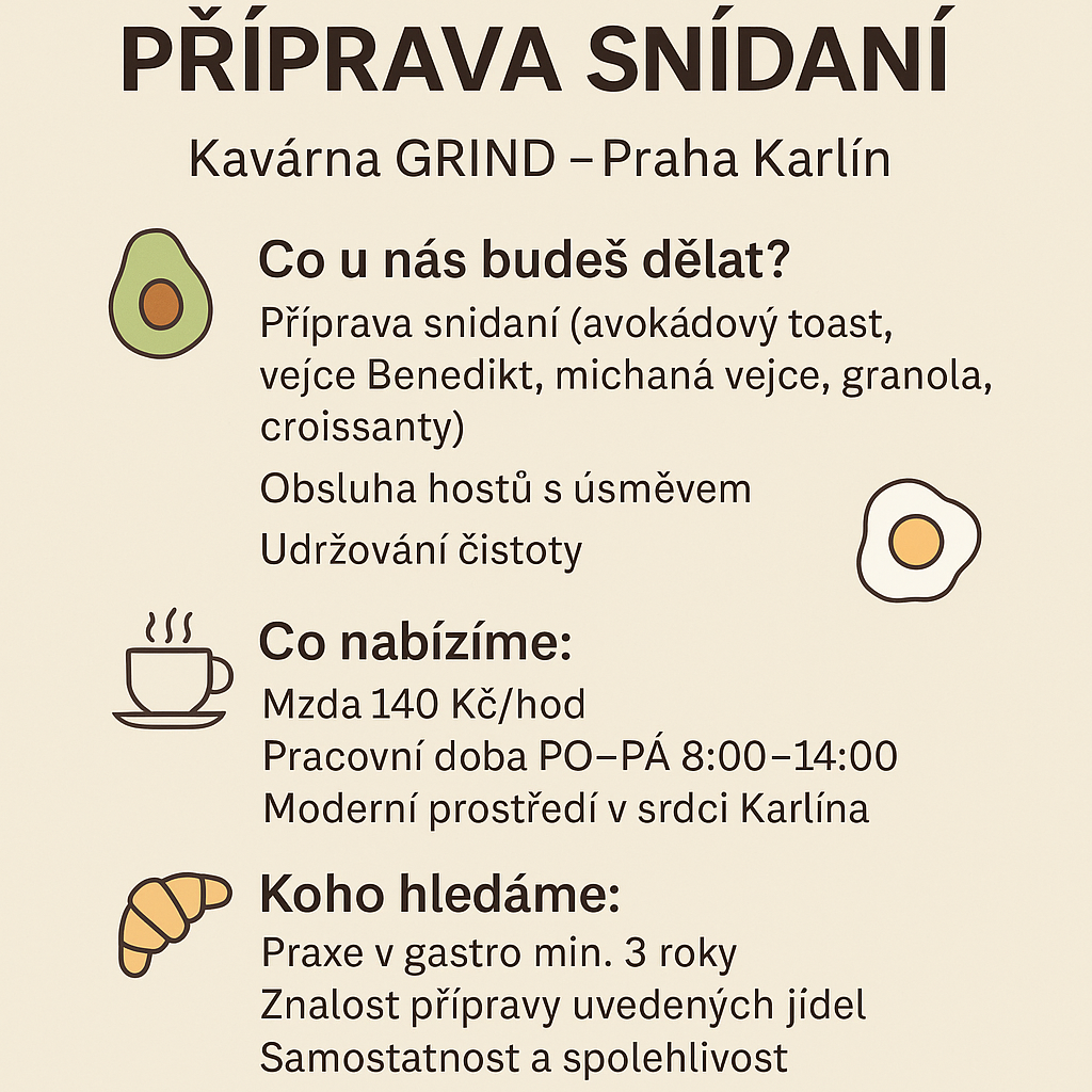 Brigáda příprava snídaní PRAHA 8, 140 Kč/hod