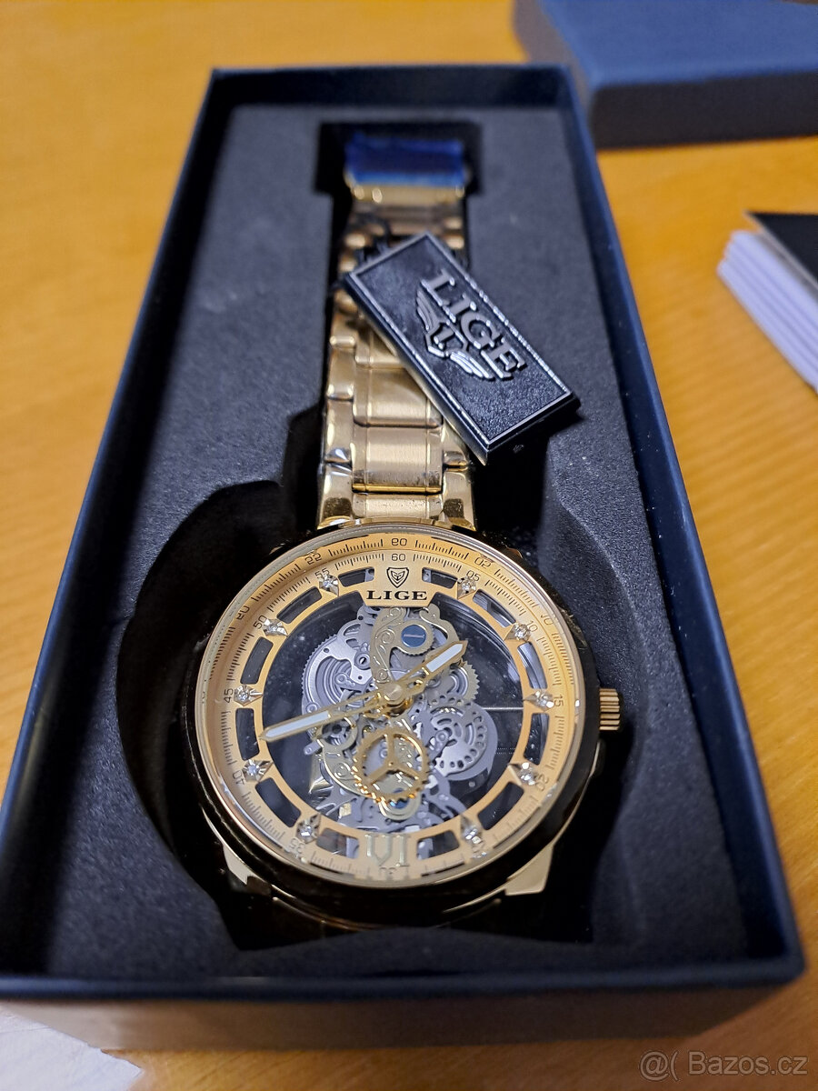 pánské zlaté quartz hodinky Lige nové