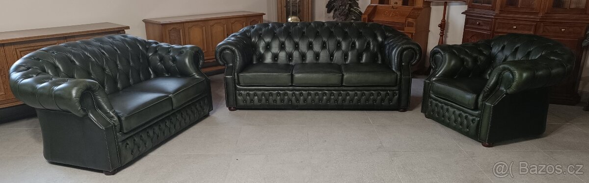 Kožená, Chesterfield(originál)sedací souprava 3+2+1. TOP