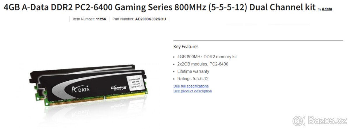Prodám 2× RAM ADATA 2GB DDR2-800 – celkem 4 GB