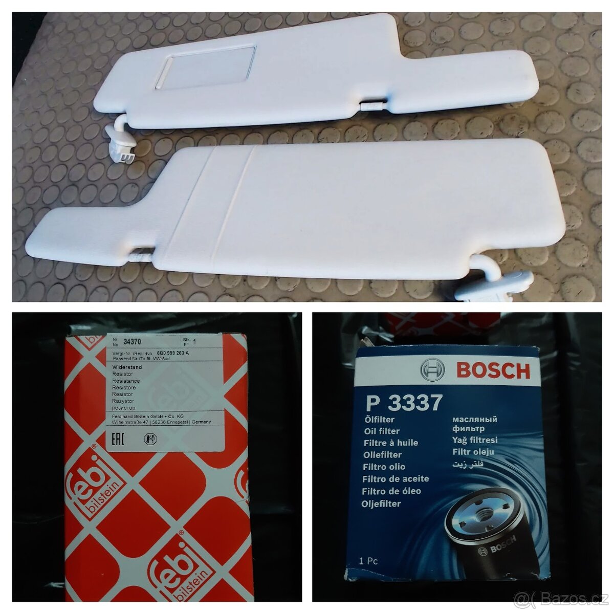 Olejový filtr, rezistor a sluneční clona (stínítko)