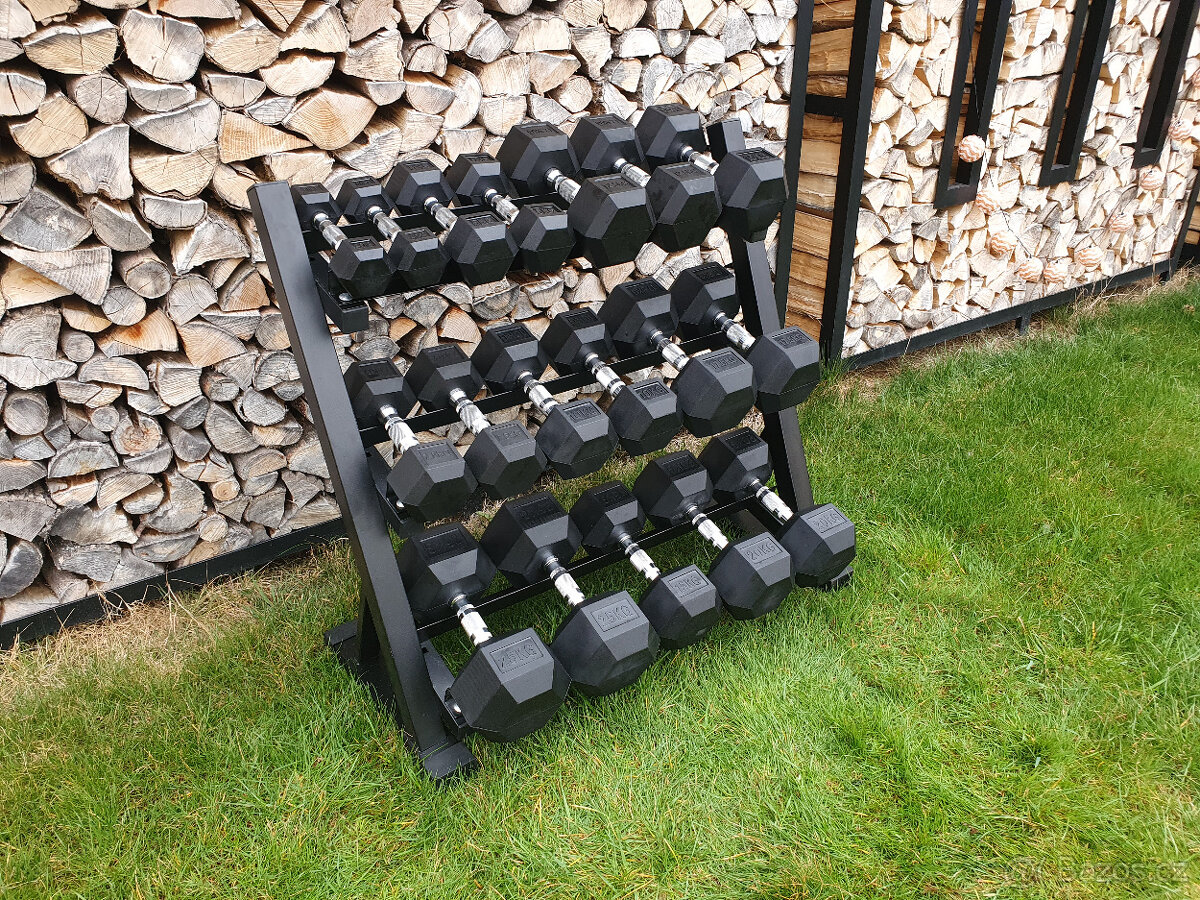 jednoručky činky - HEXA - sada 230kg + STOJAN