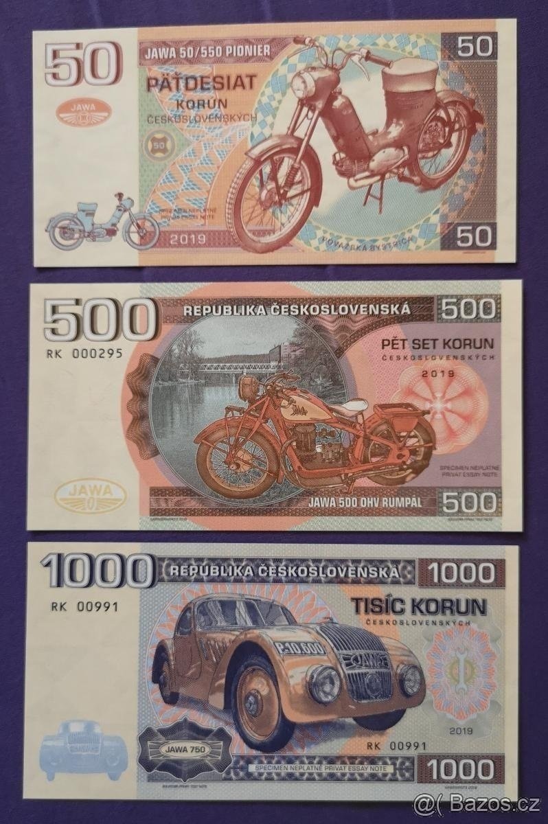 Kompletní sada BANKOVKY JAWA 50, 500,1000 KČS, GÁBRIŠ