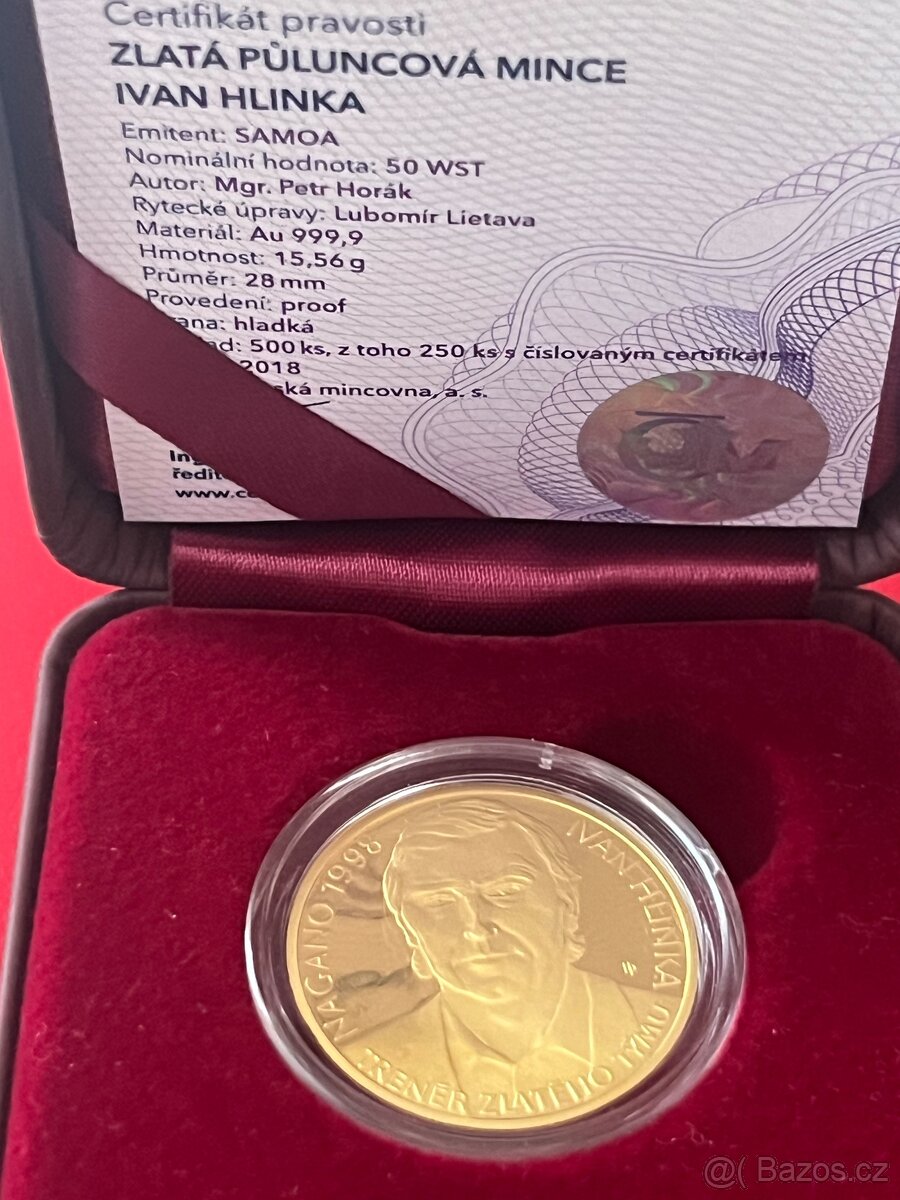 Zlato/ zlatá mince Nagano Ivan Hlinka Proof