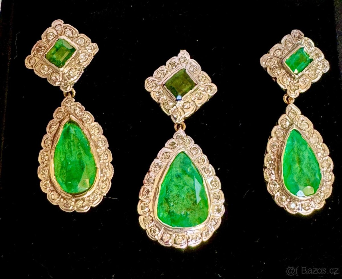 STAROŽITNÁ ZLATÁ SOUPRAVA SE SMARAGDY A DIAMANTY - 13,38 ct