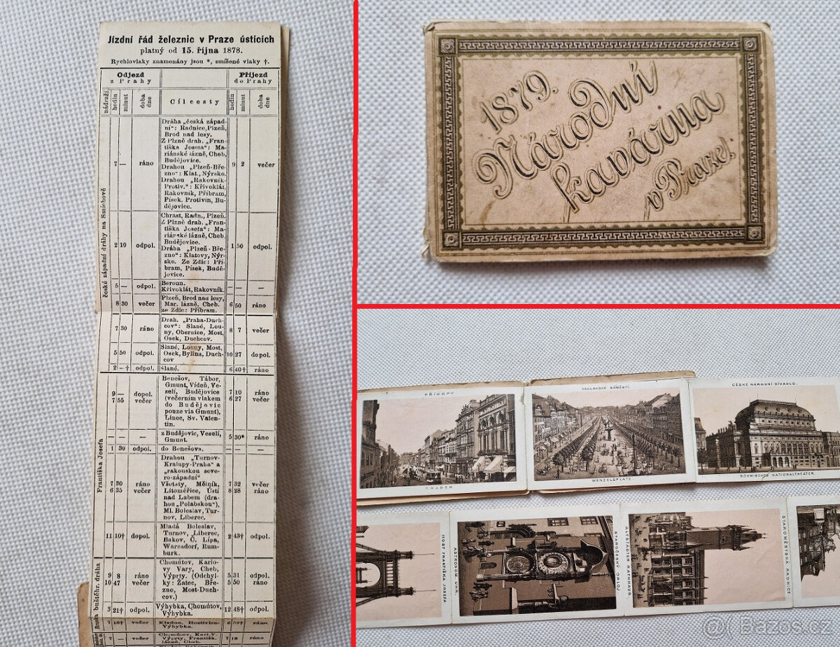 Starožitný reklamní suvenýr jízdní řád 1879 železnice Praha
