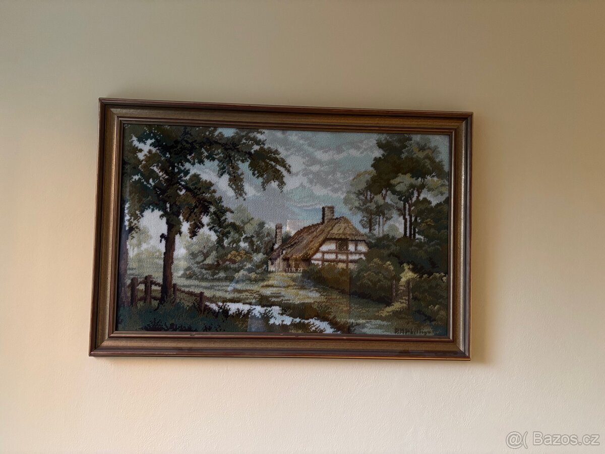 Starožitný vyšívaný obraz