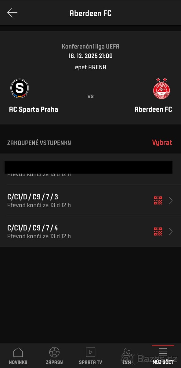 Prodám listky, AC Sparta Praha vs Aberdeen